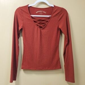 AERO Long Sleeve Seriously Soft Lace-up Ribbed Top size small